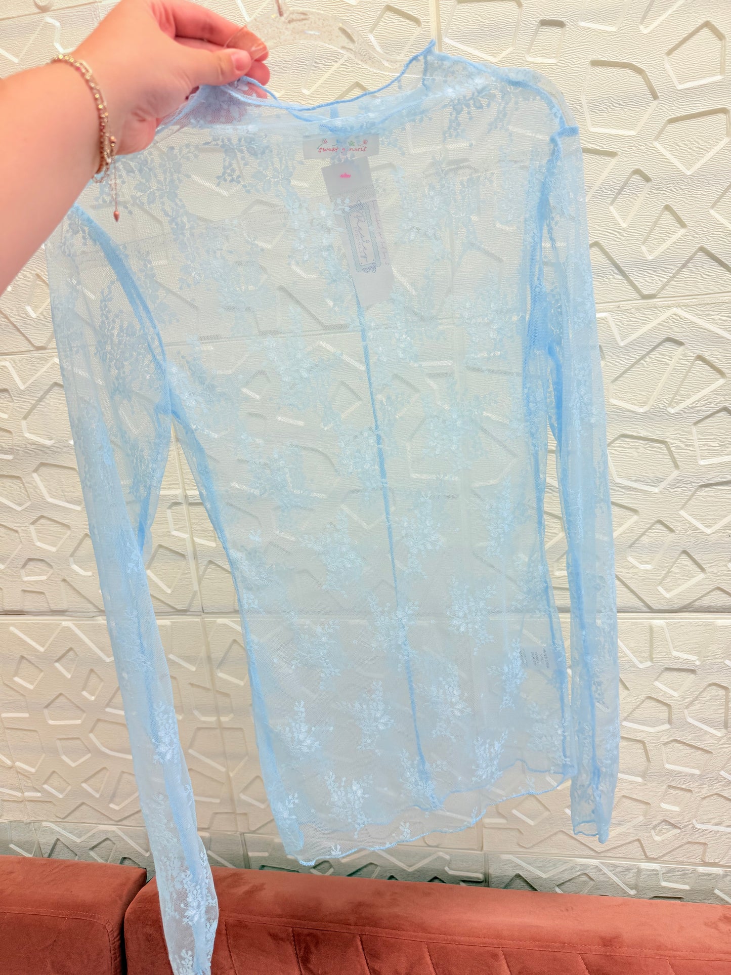 Blue Floral Mesh Top
