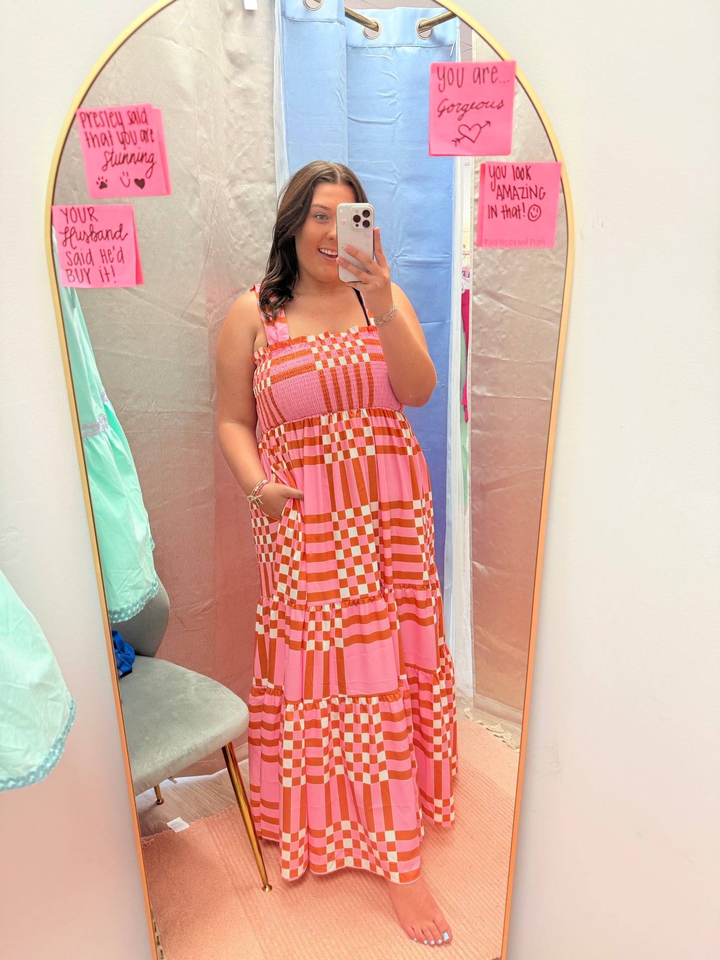 Pink Boho Gingham Maxi