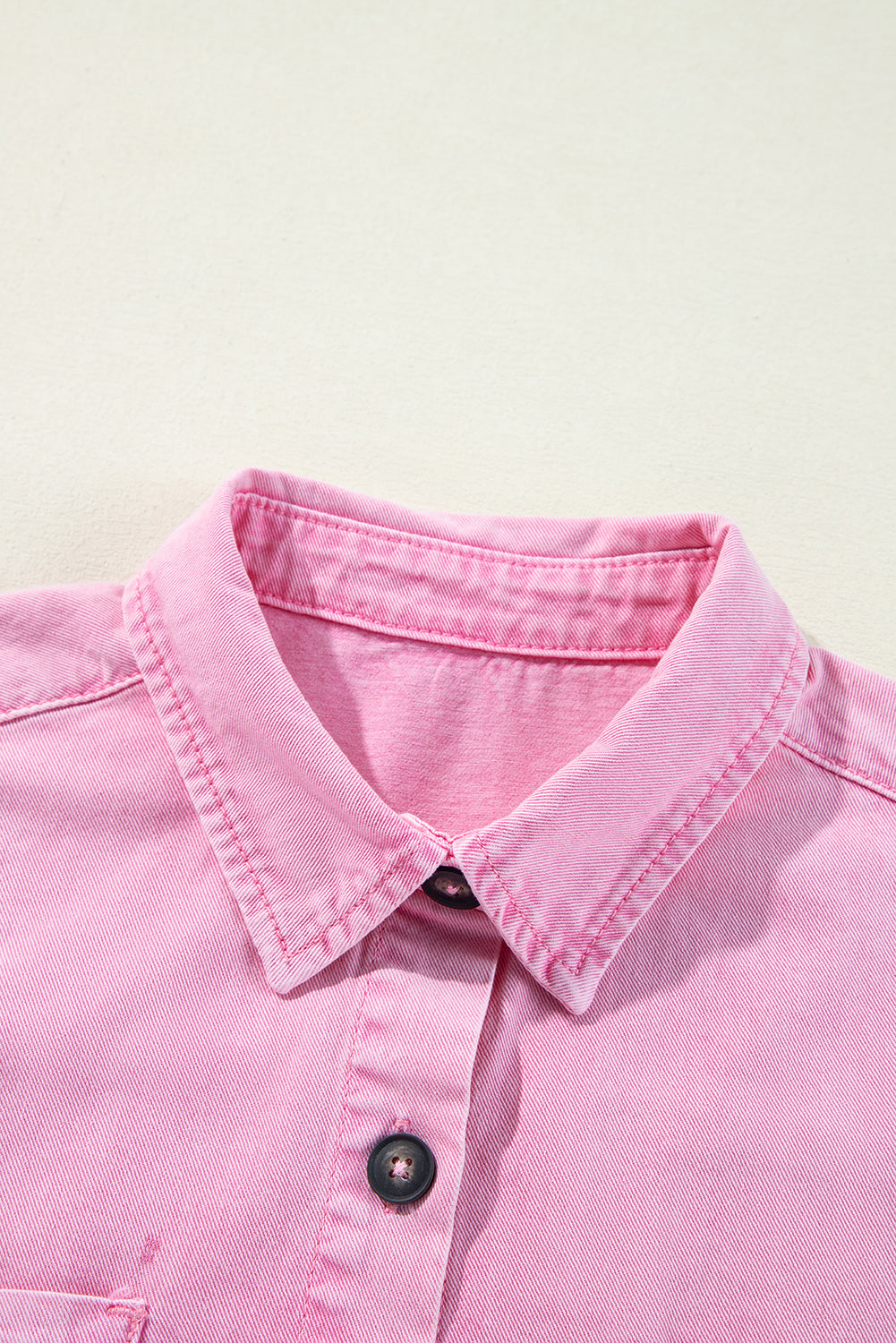 Pink Short Sleeve Double Chest Pocket Denim Shirt Dress