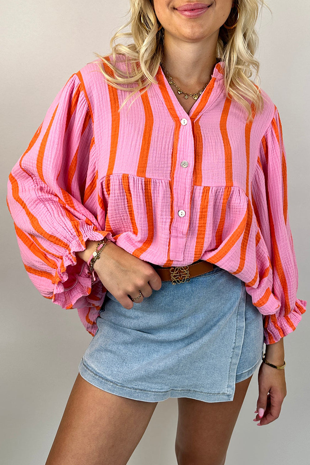 Sky Blue Stripe Crinckled Ruffled Sleeve Button up Loose Shirt