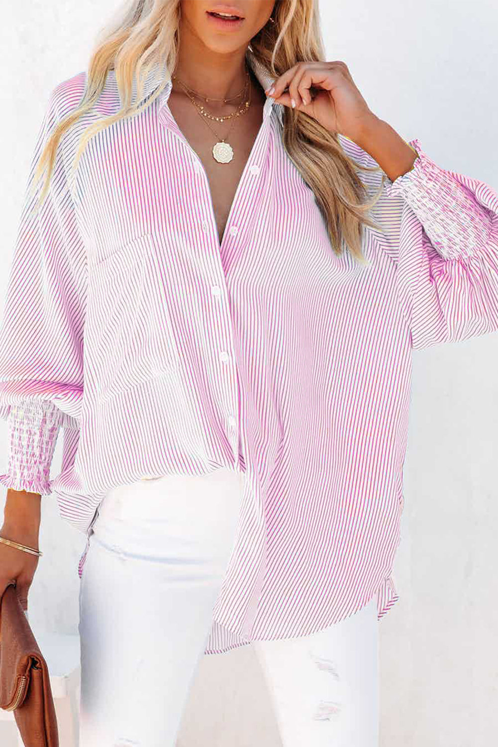 Pink Smocked Cuffed Striped Boyfriend Shirt with Pocket