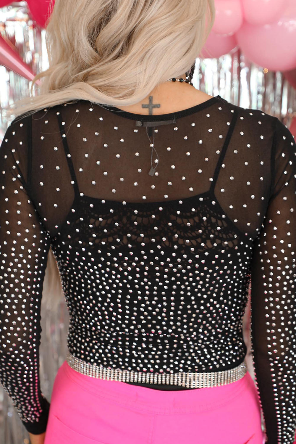 Black Rhinestone Embellished Mesh Long Sleeve Bodysuit