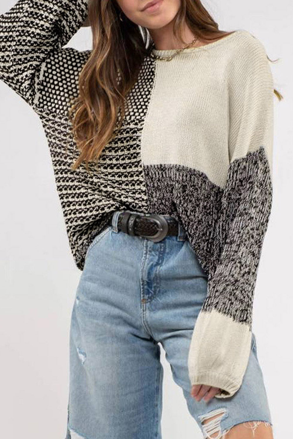 Bonbon Neutral Colorblock Tie Back Sweater