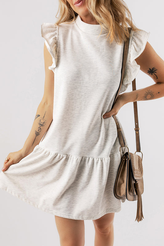 White Flutter Sleeve Crew Neck Shift Dress