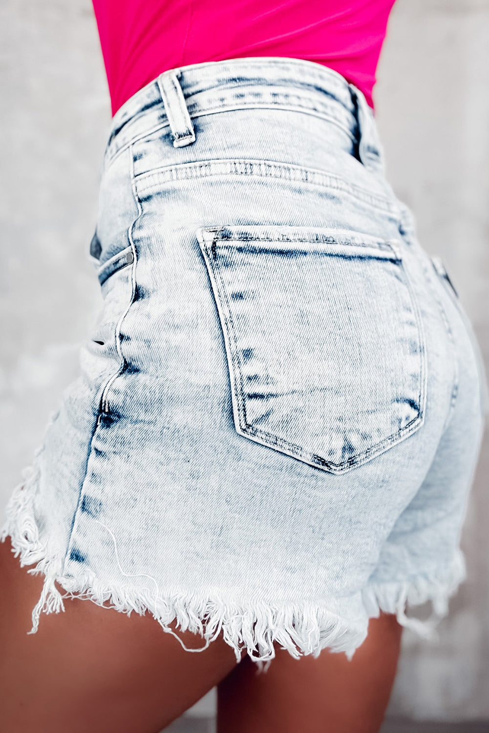 Light Blue Acid Wash Crossed Raw Edge Denim Shorts