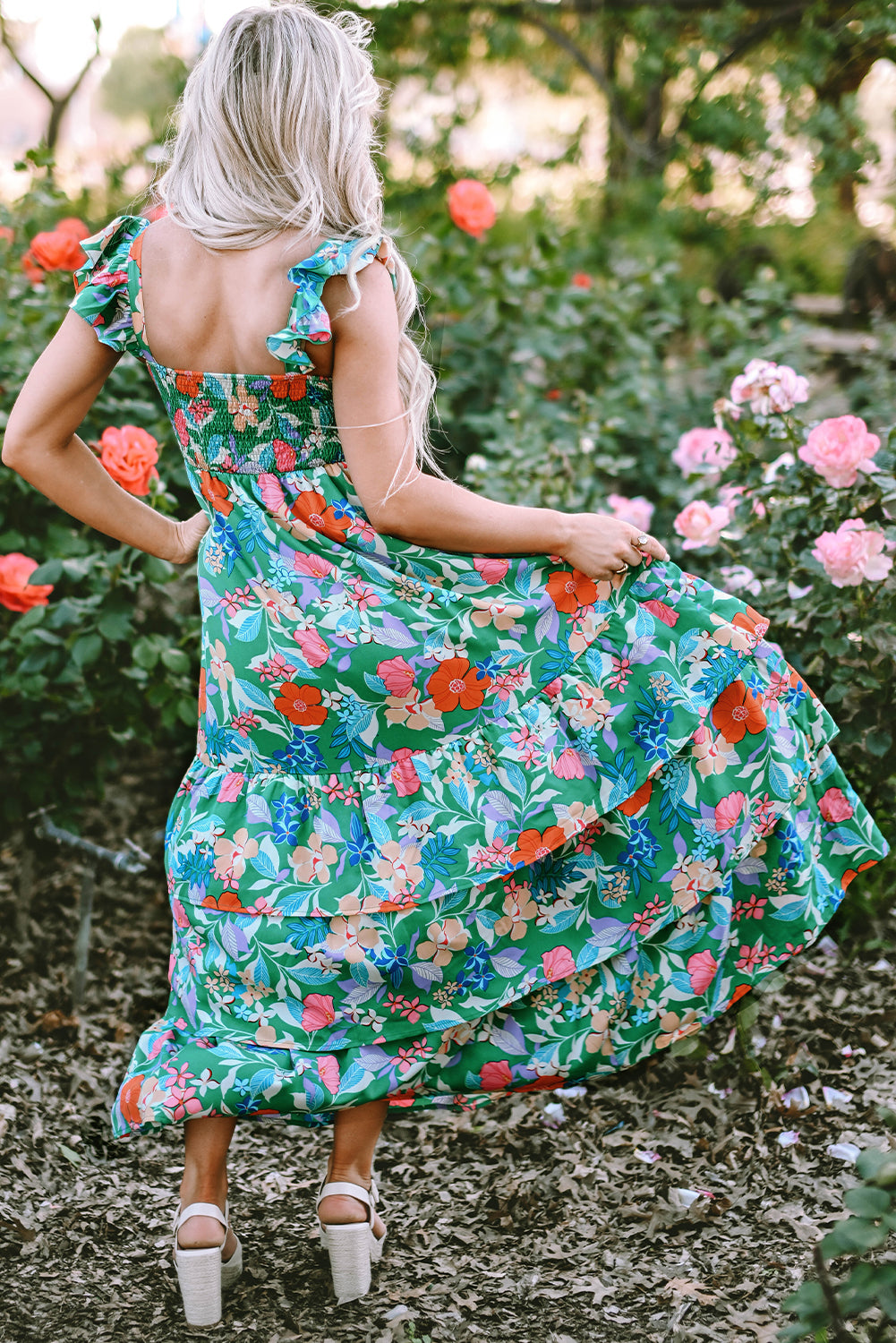 Pink Floral Print Sleeveless Ruffle Tiered Maxi Dress