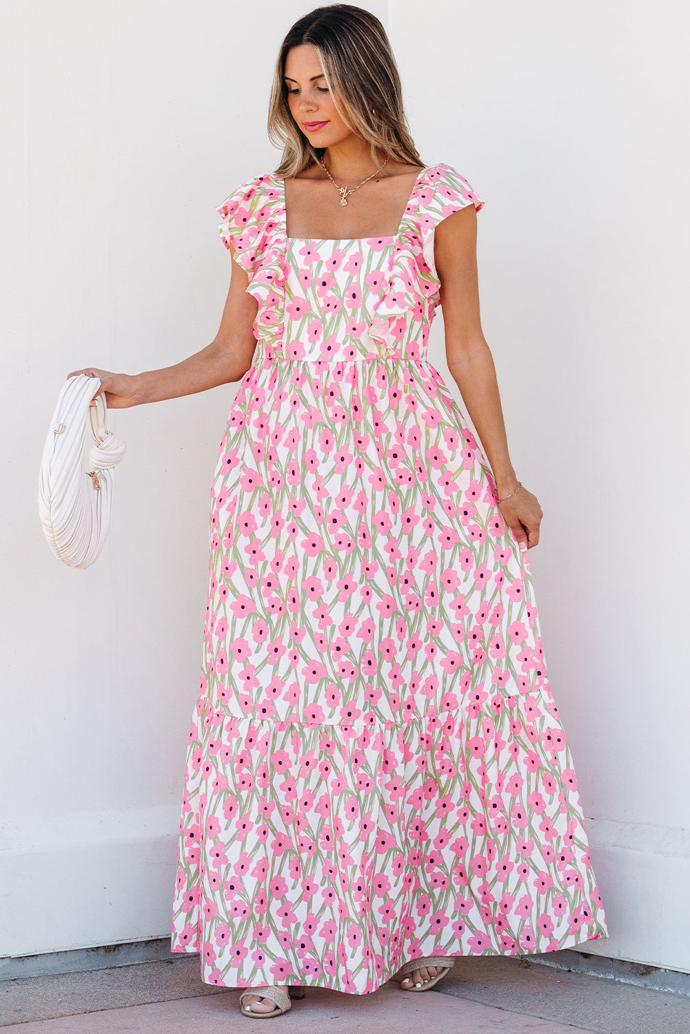 Pink Floral Print Square Neck Ruffled Strap Maxi Dress