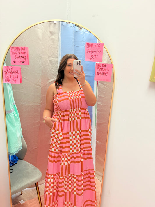 Pink Boho Gingham Maxi