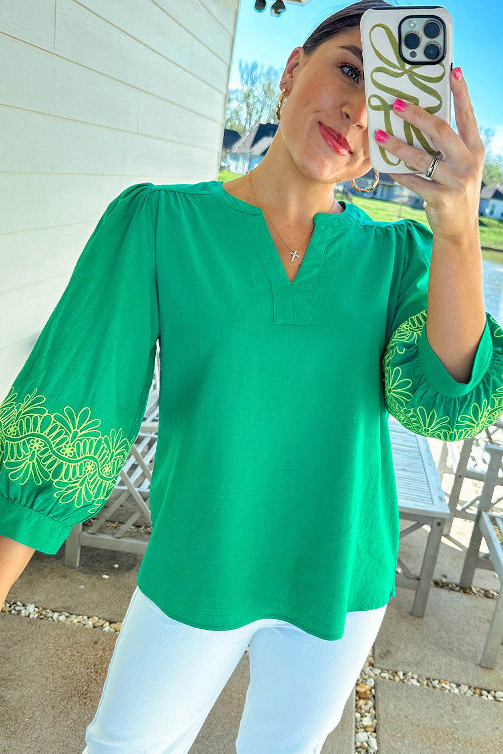 Green Contrast Floral Embroidered 3/4 Sleeve Notched V Neck Elegant Blouse