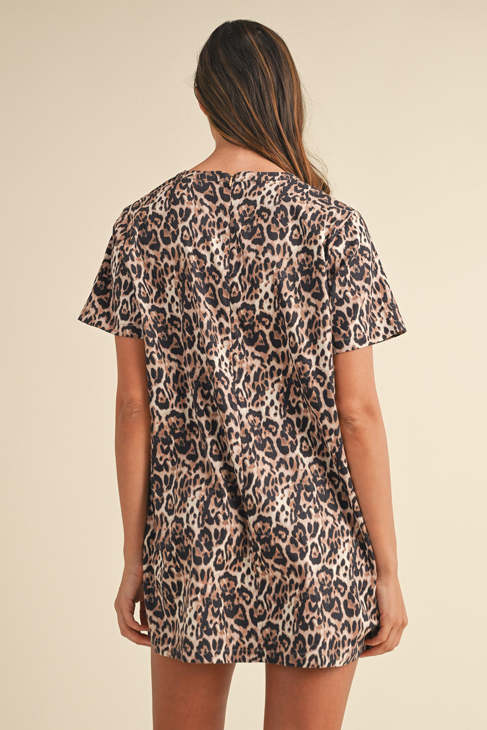 Brown Leopard Print Crew Neck Shift Short T Shirt Dress