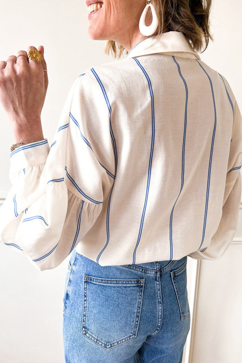 Sky Blue Stripe Drop Shoulder Bubble Sleeve Loose Shirt