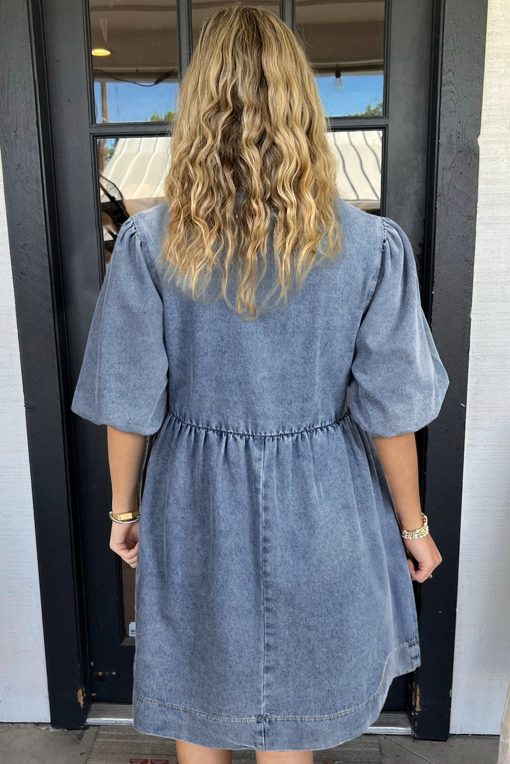 Dusk Blue Bowknot Bubble Sleeve Short Denim Dress