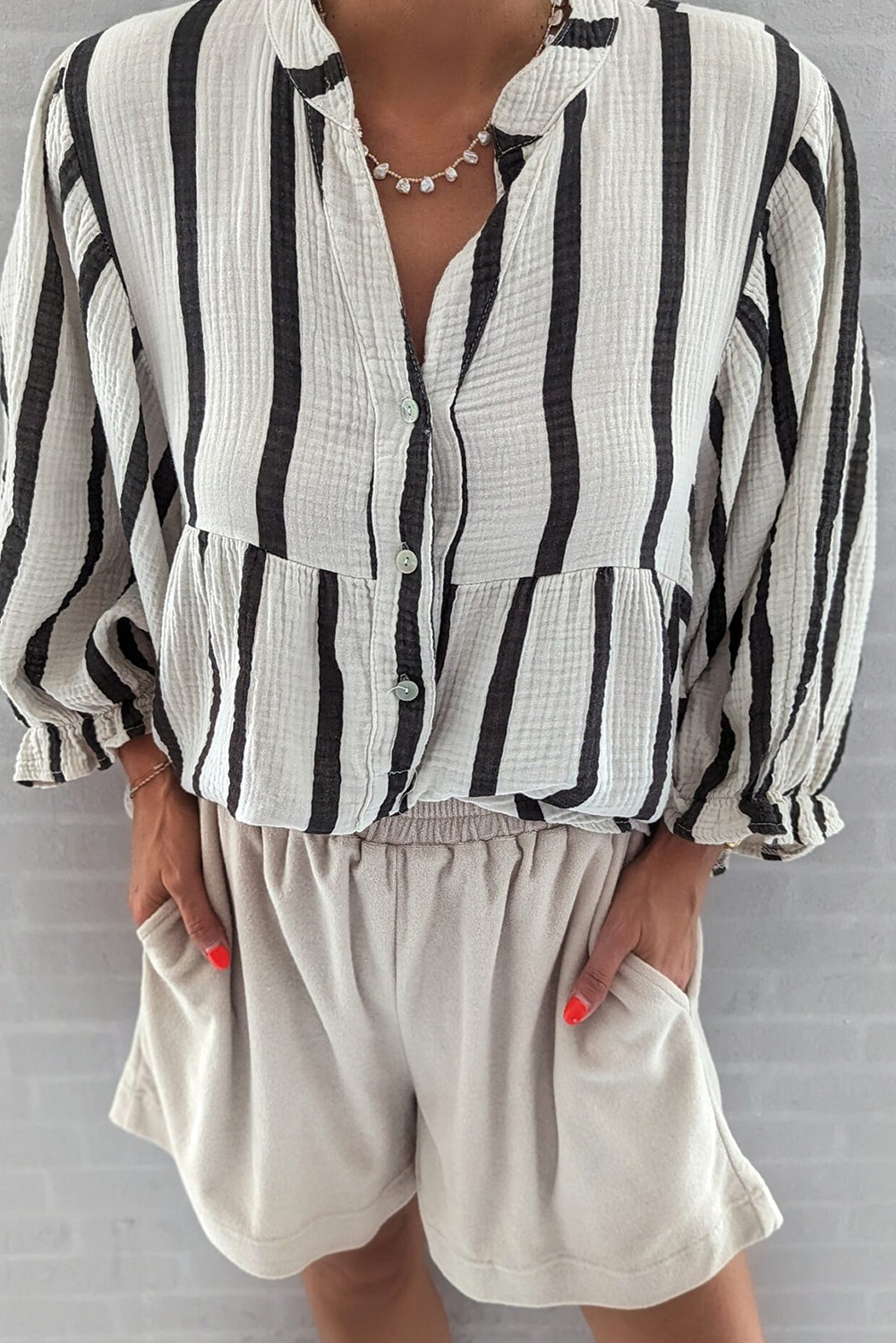 Sky Blue Stripe Crinckled Ruffled Sleeve Button up Loose Shirt