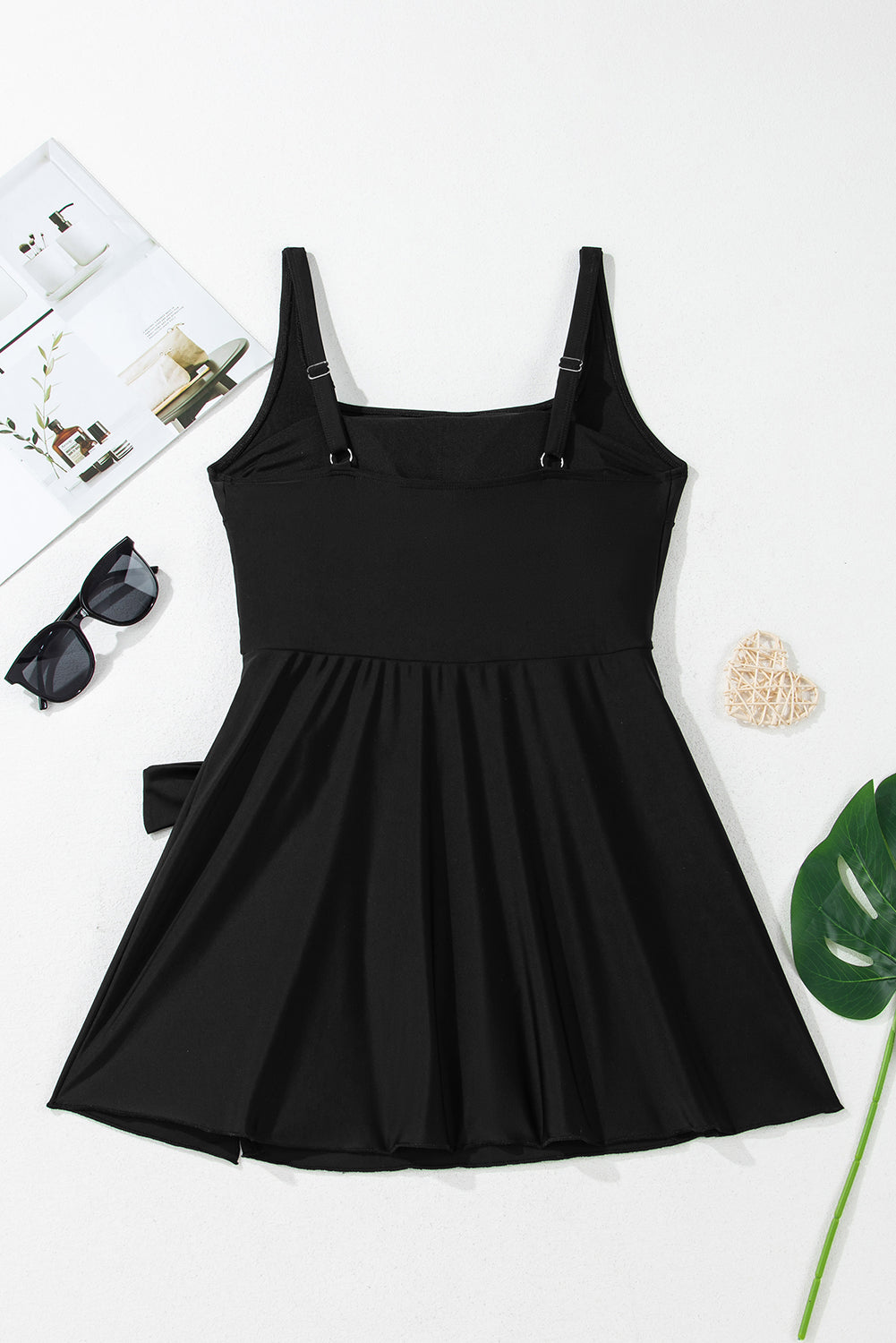 Black Side Tied Waist Square Neck Adjustable Straps A-line One Piece Swim Dress